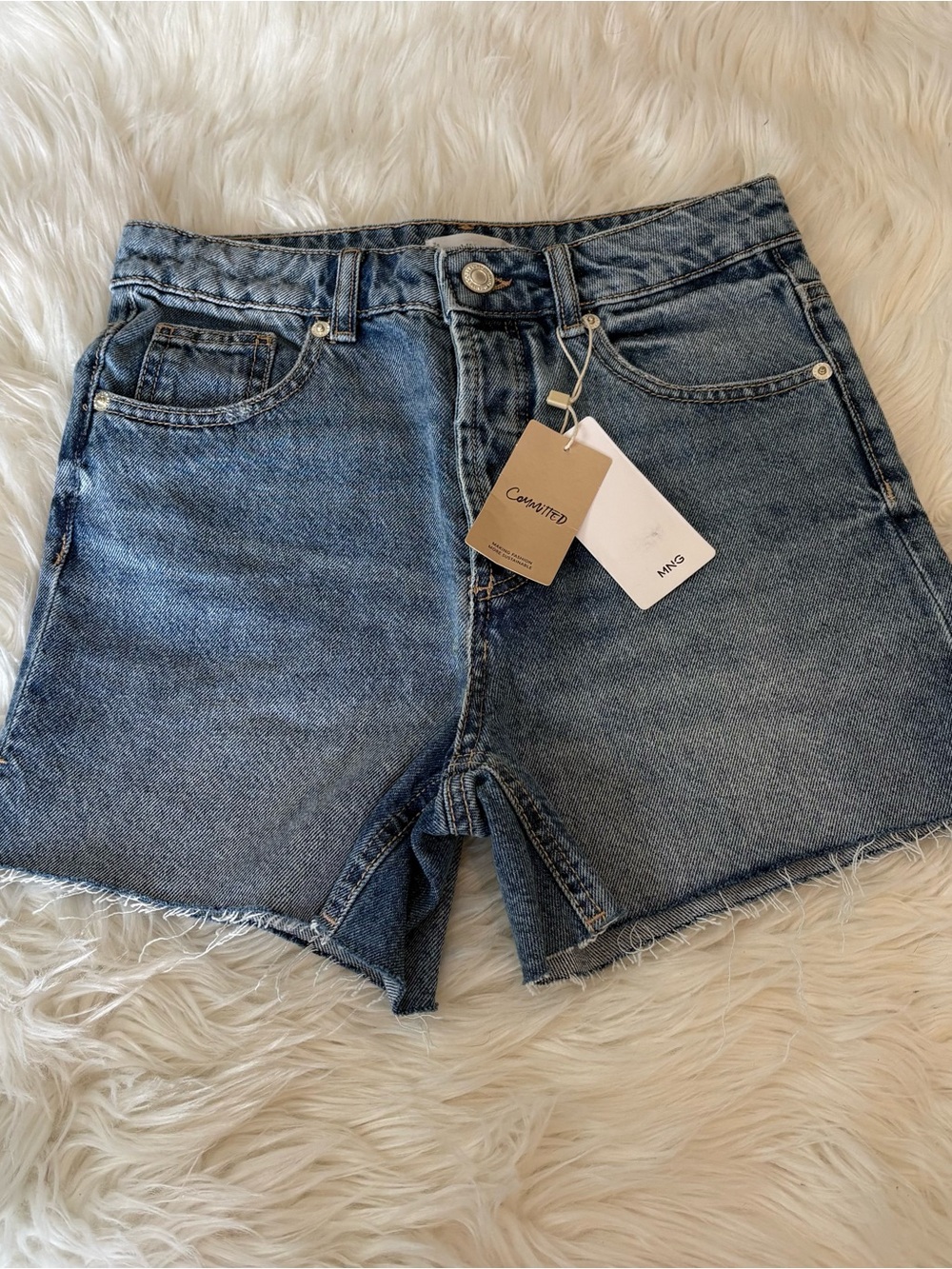 Mango Medium Blue High-Rise Frayed Hem Jean Shorts